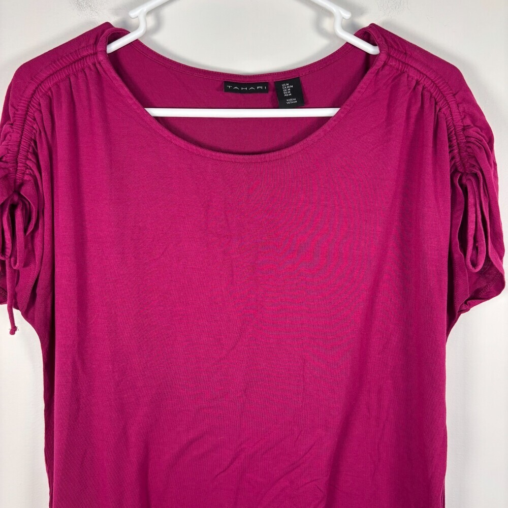 TAHARI Drawstring Short Sleeve Tee Womens M Pink Stretch Casual Knit